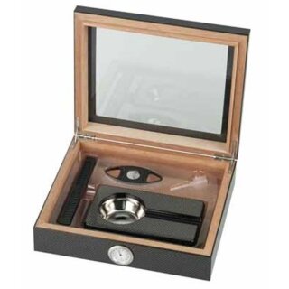 Humidor-Set Carbon-Design Glasdeckel  für ca. 15 Zigarren